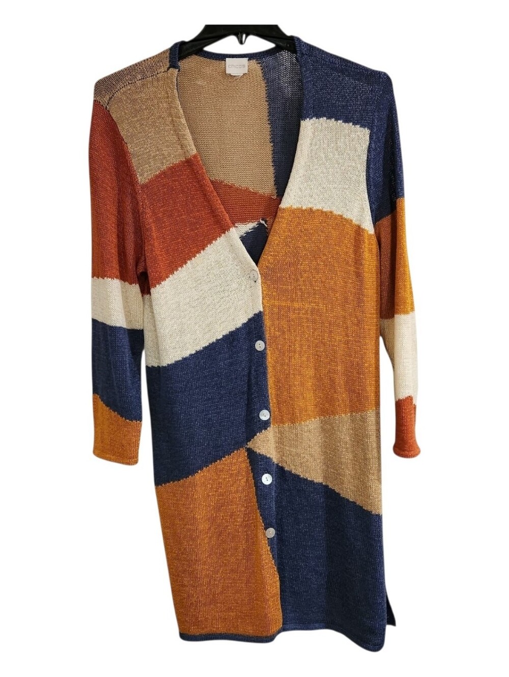 Chicos Cardigan Sweater Womens Sz L ColorBlock Longline Patchwork Boho *FLAW